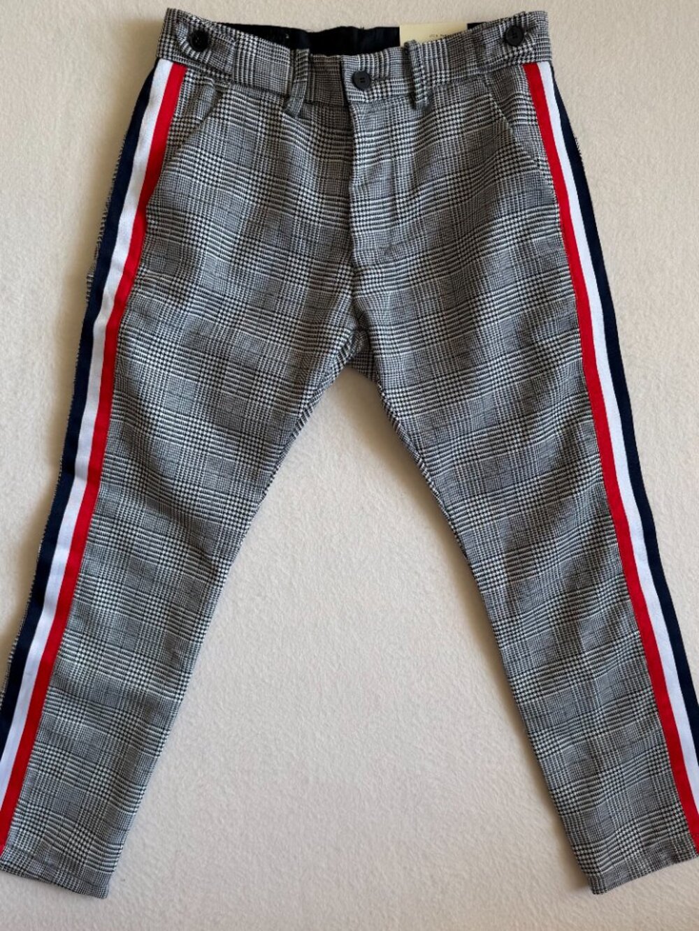 MNML Grandpa Track Trouser Pants Size 28 Gray Plaid Side Stripe Tapered Mens NEW